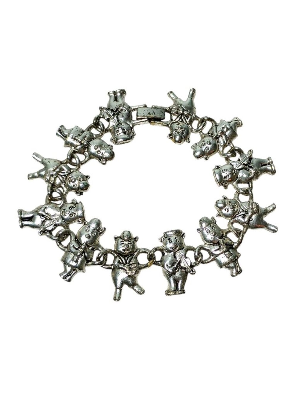 Vintage Silver Tone Musical Pigs Chain Link Bracelet Kitsch Violin Clarinet Drum